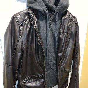 Express brown faux leather jacket gray hood
